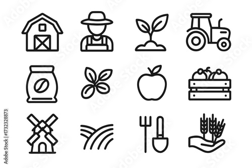 Agriculture and farming simple line icon collection. Farmer, tractor, barn, windmill, apple, coffee and wheat harvest. Outline editable stroke vector pictogram symbol set.