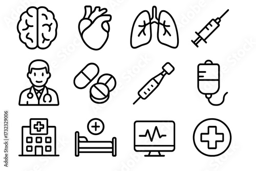 Medical line icon set with brain, heart, lungs, doctor, pills, syringe, clinic, hospital building, patient bed, heartbeat monitor, and medical cross for healthcare design, apps, websites