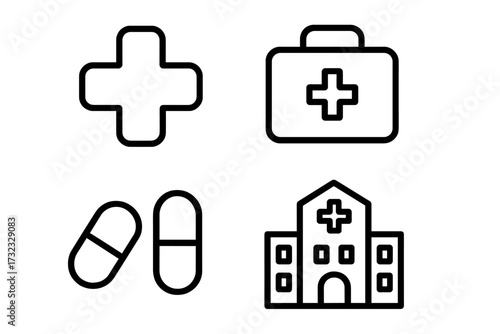 Medical cross symbol, first aid kit suitcase, pharmaceutical pills, hospital building with treatment sign, healthcare icons outline collection for medical infographics and health articles