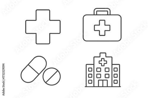 Medical cross and hospital symbols set with suitcase, pills, treatment icons, healthcare outline collection for infographics, medical articles, flyers, banners, editable vector
