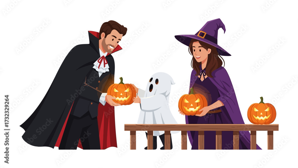 Φωτογραφία Halloween Family's Ghoulish Delight: A family dressed in Halloween costumes, includes witch and vampire with a carved pumpkin lantern that glows