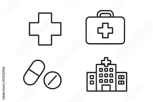 Medical cross icon, first aid suitcase, medicine pills, hospital building symbol, healthcare and treatment line icon collection, editable stroke vector for infographics and healthcare designs