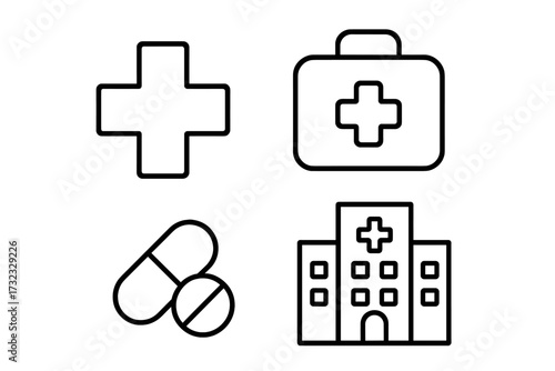 Medical cross, first aid kit suitcase, pills, and hospital building icons set, editable stroke vector collection for healthcare, treatment, medical infographic, and wellness design