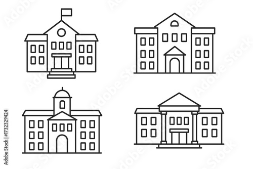 School, College, University Building Icons Collection, Editable Outline Stroke Vector Illustration Set for Education Infographics, Articles, Books, Flyers, Banners, Academic and Institutional Symbols