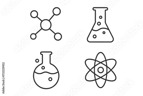 Set of Chemistry Line Icons with Editable Stroke for Design, Web, Apps, Cards, Featuring Chemical Compound, Laboratory Flasks, Atom, Science Vector Illustrations