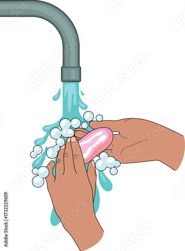 Washing hands with soap under running water. Hands holding a bar of soap with soapy foam