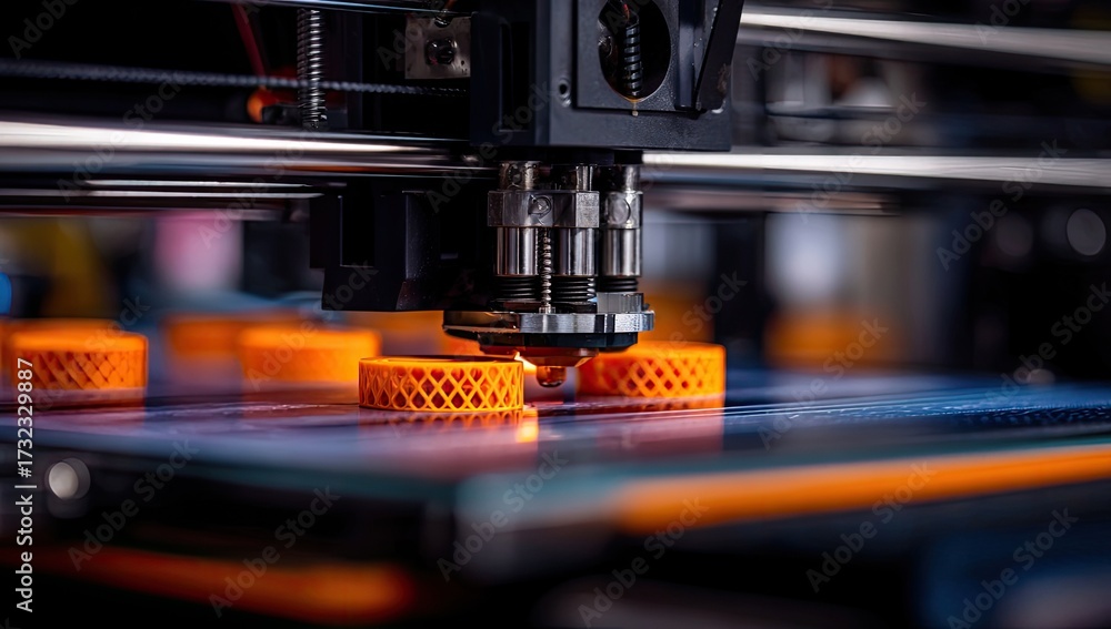 Fototapeta premium Close-up of 3D printer creating orange objects on blue plate. Technology in action