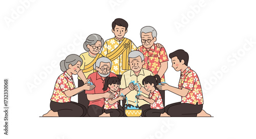 A Loving Family Engaged in a Water Blessing Ceremony, Symbolizing Respect and Tradition During a Cultural Celebration