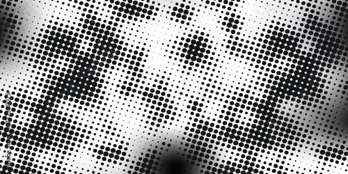 Grunge halftone gradient background. Faded grit noise texture. White and black sandy wallpaper. Retro pixelated backdrop. Anime or manga style comic overlay. Vector graphic design textured template