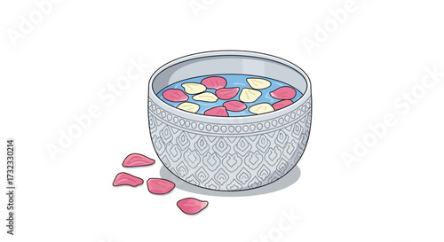 Traditional Thai silver bowl with intricate patterns, filled with water and floating flower petals for the Songkran festival