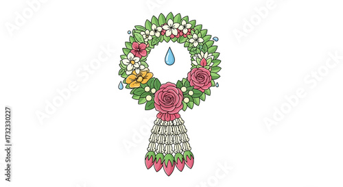 Traditional Thai flower garland, also known as 'Phuang Malai', intricately crafted with roses, jasmine, and other blossoms, often used for offerings and celebrations