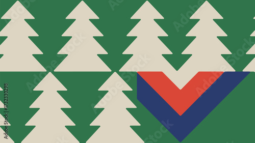 Pattern of cream colored christmas trees on green background with red and blue chevron shape design