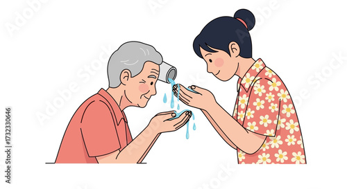Elderly man being showered with water by a young woman, a gesture of respect and gratitude, celebrating tradition and family bonds during a festival or special occasion
