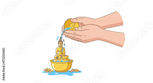 Serene Cleansing Ritual Pouring Water on a Buddha Statue - A Symbol of Purity, Renewal, and Spiritual Cleansing in Southeast Asia