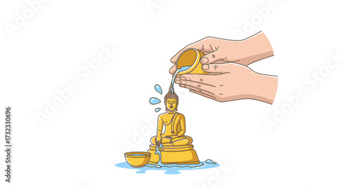 An artistic illustration of hands pouring sacred water onto a golden Buddha statue, a traditional cleansing ceremony symbolizing purification and blessings