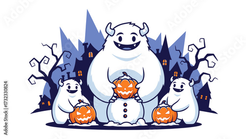 Spooky Snowman Family : Charming illustration depicts a snow family amidst a Halloween-themed backdrop of a haunted house and leafless trees. Capturing the essence of spooky season with fun!