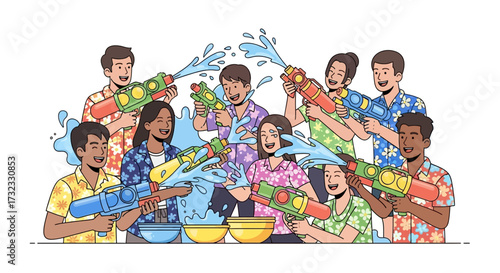 Celebrating Songkran A Joyful Water Festival with Friends and Family in Vibrant Colorful Illustration