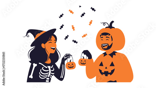 Halloween's Festive Exchange: A lively exchange unfolds as two individuals, dressed in whimsical costumes of witch and pumpkin, share treats amid playful candy.