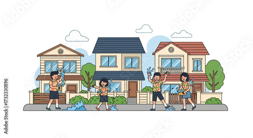 Joyful Children's Water Gun Fight in a Suburban Neighborhood A Fun and Energetic Summer Activity, Ideal for Promoting Outdoor Play and Community Spirit