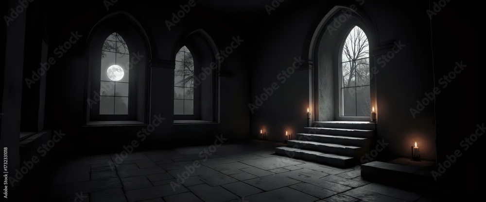 Fototapeta premium A dark room with three windows and a set of stairs.