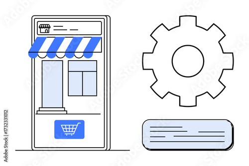 Smartphone interface with storefront icon, shopping cart, settings gear, and text box. Ideal for e-commerce, customization, online business, digital marketing, app design user interface simple flat