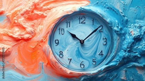 Abstract clock face emerging from swirling orange and blue fluid art