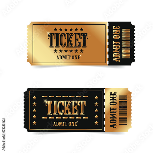 Vintage golden ticket coupon isolated on white background.