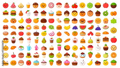 Colorful food icons with cute faces