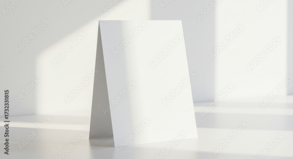 Fototapeta premium A minimalist, sunlit interior scene featuring a blank white card standing upright against a wall, casting a soft shadow.