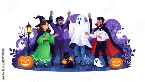 Halloween Gathering: A whimsical scene of costumed individuals celebrating Halloween, surrounded by pumpkins, ghosts, and a black cat, evoking a sense of festive joy and childlike wonder. 