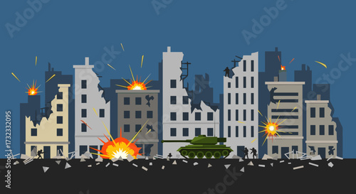 War-torn cityscape with explosions