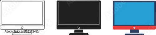 Three computer monitors one outline one black silhouette one colored screen display