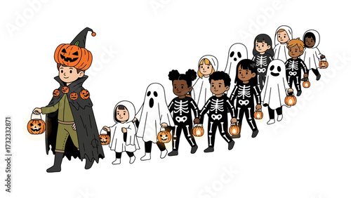 Halloween Parade: Adorable children in creative costumes parade together, carrying lanterns, illuminating a scene of Halloween merriment and youthful excitement. 