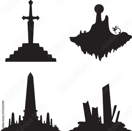 Sword monument floating islands obelisk jagged rocks