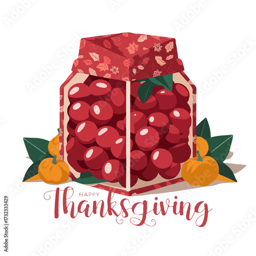 Jar of cranberries with thanksgiving message isolated on white background