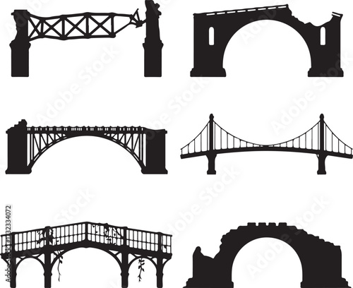 Various architectural bridges in silhouette structure