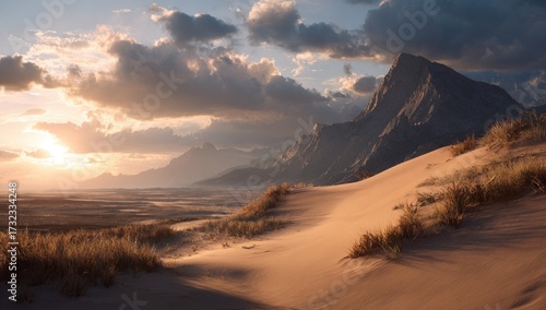 Desert landscape under cloudy sky, mountain backdrop. Golden hour light bathes the scene