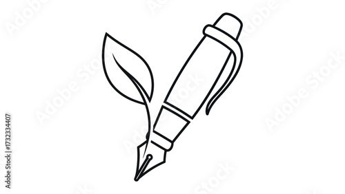 Eco-Friendly Quill: The simple elegance of a pen entwined with a leaf, symbolizing the harmonious blend of nature and the art of writing. A conceptual art for sustainability 