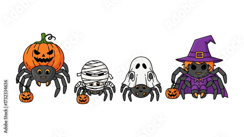 Enchanting Halloween Characters: Captivating, meticulously crafted illustrations bring forth the spirits of Halloween with spiders adorned in playful, festive costumes.