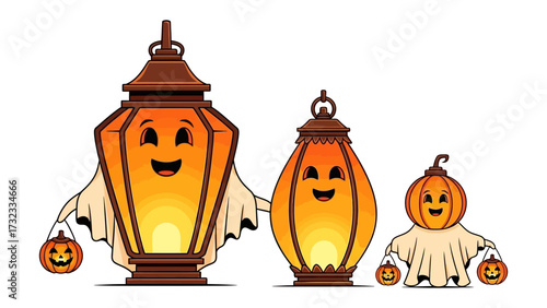 Spooky Lantern Trio: A whimsical scene showcasing three Halloween-themed lanterns in different sizes. Featuring the joyful, inviting, and vibrant scene to captivate the spirit of the holiday.