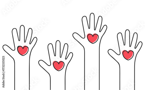 "Compassion and Support Icon – Raised Hands with Red Heart Symbols for Charity, Volunteerism, and Emotional Care Design Projects"