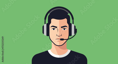 Illustration of a young man with dark hair wearing a headset, looking forward.
