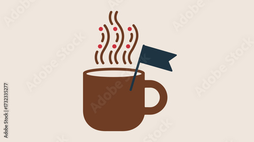 A brown mug with white liquid and steam with red dots and a blue flag on a light beige background
