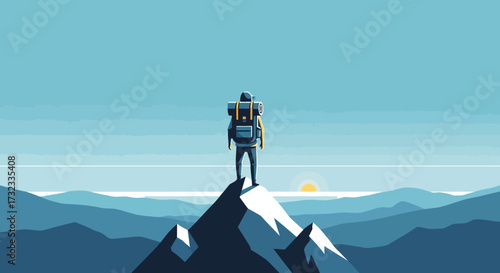 Hiker on mountain peak overlooking vast landscape at sunrise.