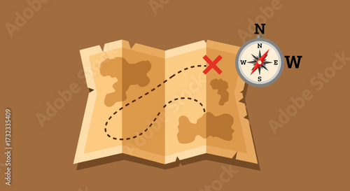 An illustrated treasure map with a compass, showing a marked route to a hidden location.
