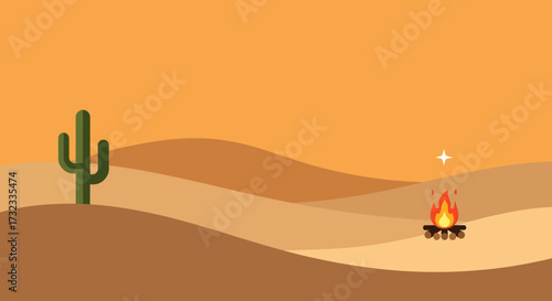 A solitary cactus stands tall in a vast desert landscape under a warm orange sky, with a small campfire burning brightly.