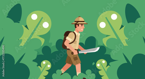 An illustration of an adventurer exploring a dense green jungle with a machete and backpack.