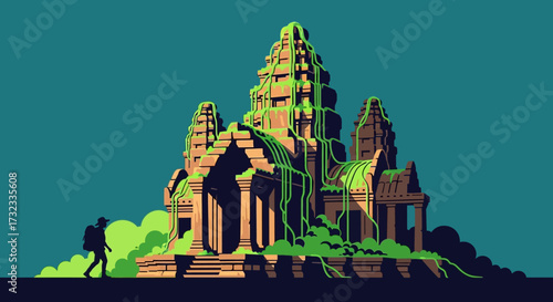 A lone backpacker approaches a moss-covered ancient temple ruin overgrown with vines under a teal sky.