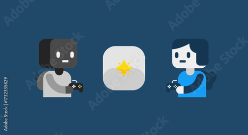 A vector illustration of two diverse, blocky characters holding controllers and playing a video game together.