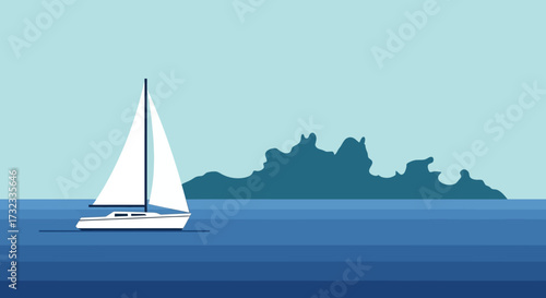 A white sailboat glides across a calm blue ocean with a distant, rocky island under a clear sky.